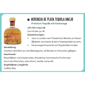 Tequila Añejo 100% Agave 38% 50ml, HERENCIA DE PLATA