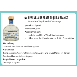 Tequila Blanco 100% Agave 38% 50ml, HERENCIA DE PLATA